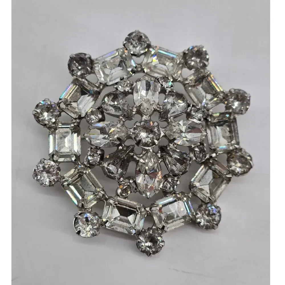 Vintage 40s Joseph Wiesner NY Silver Tone & Clear Rhinestone Pin Brooch